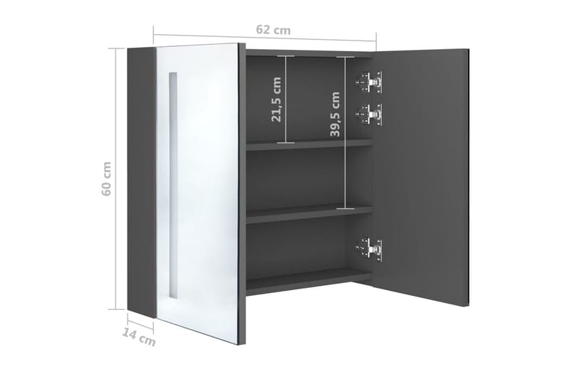 Badrumsskåp med spegel LED grå 62x14x60 cm - Grå - Förvaring - Badrumsförvaring - Spegelskåp