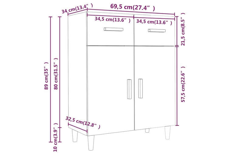 beBasic Skänk brun ek 69,5x34x89 cm konstruerat trä - Brown - Förvaring - Förvaringsmöbler - Sideboard & skänk