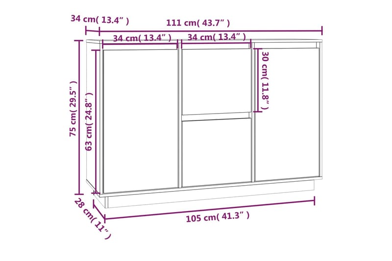 beBasic Skänk vit 111x34x75 cm massiv furu - Brown - Förvaring - Förvaringsmöbler - Sideboard & skänk