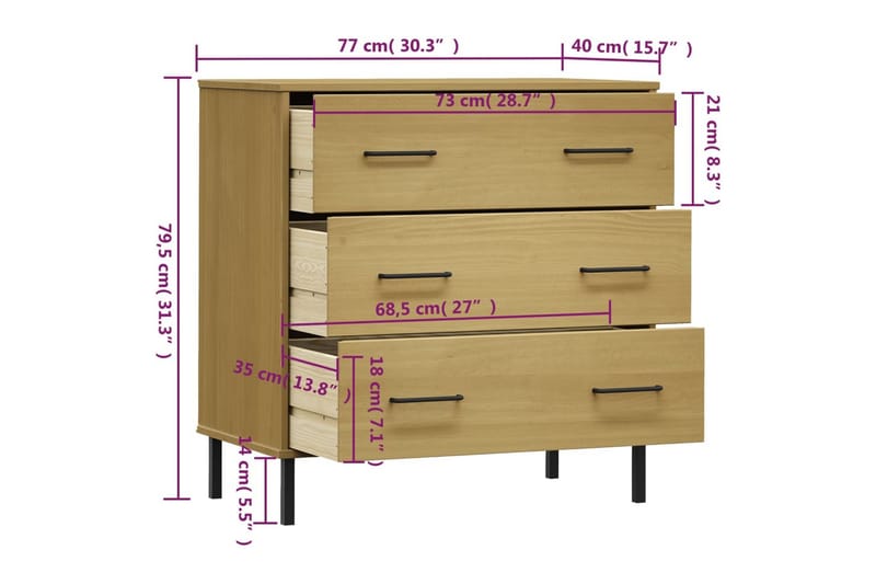 beBasic Byrå med 3 lådor brun OSLO 77x40x79,5 cm massivt trä - Brown - Förvaring - Förvaringsmöbler - Byrå