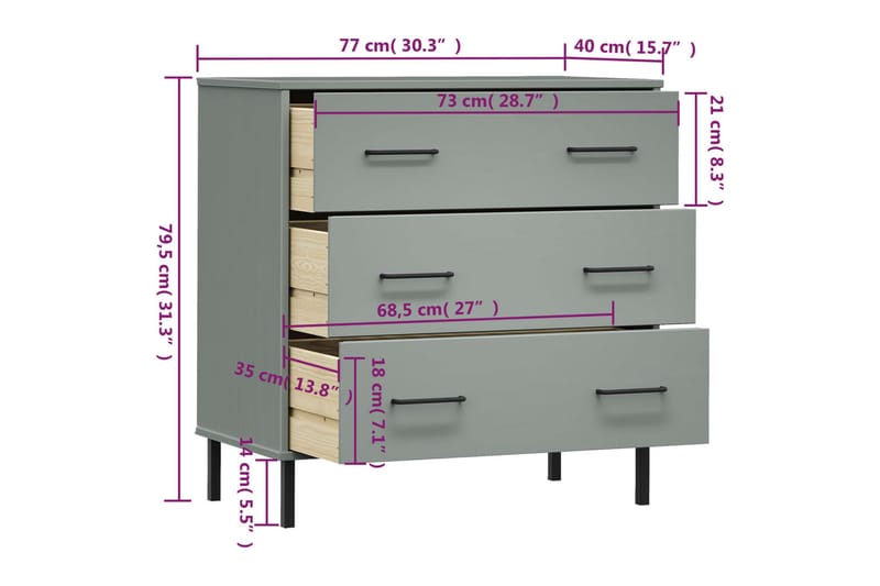 beBasic Byrå med 3 lådor OSLO grå 77x40x79,5 cm massivt trä - Grey - Förvaring - Förvaringsmöbler - Byrå