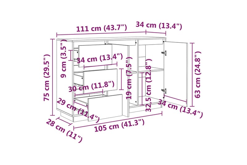 Skänk vit 111x34x75 cm massiv furu - Vit - Förvaring - Förvaringsmöbler - Sideboard & skänk