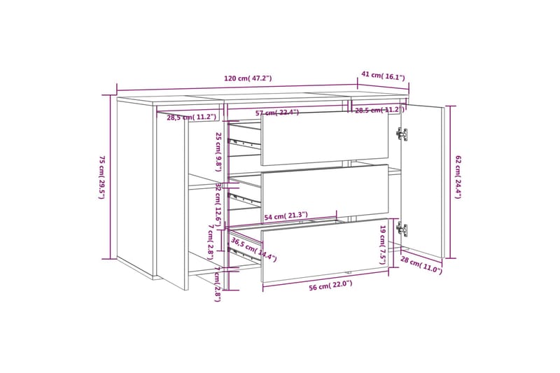 Skänk med 3 lådor vit 120x41x75 cm spånskiva - Vit - Förvaring - Förvaringsmöbler - Sideboard & skänk