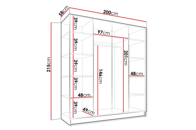 Garderob med Spegel Vadstena 200 cm - Vit/Svart - Förvaring - Garderober & garderobssystem