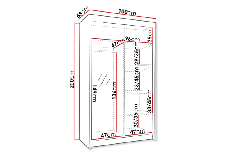 Garderob med Spegel Veria 100x200 cm - Svart/Vit - Förvaring - Garderober & garderobssystem