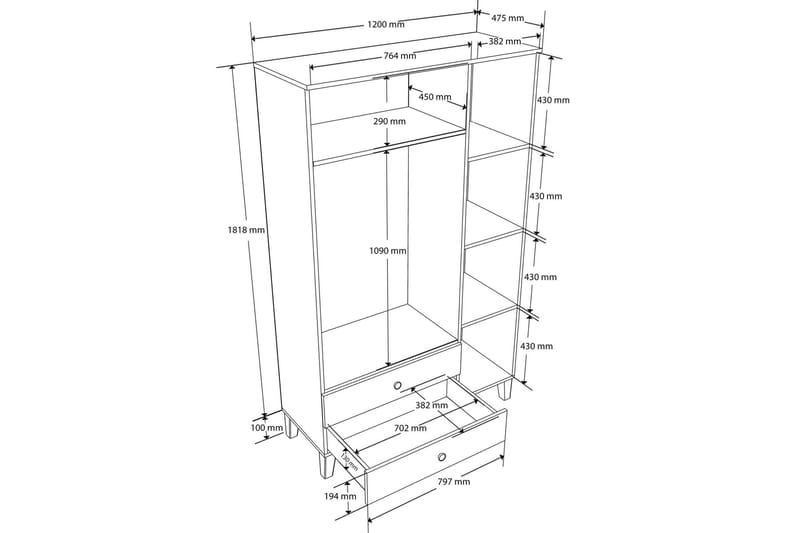 Garderob Huddy 120x191,8 cm - Ek/Vit - Förvaring - Garderober & garderobssystem