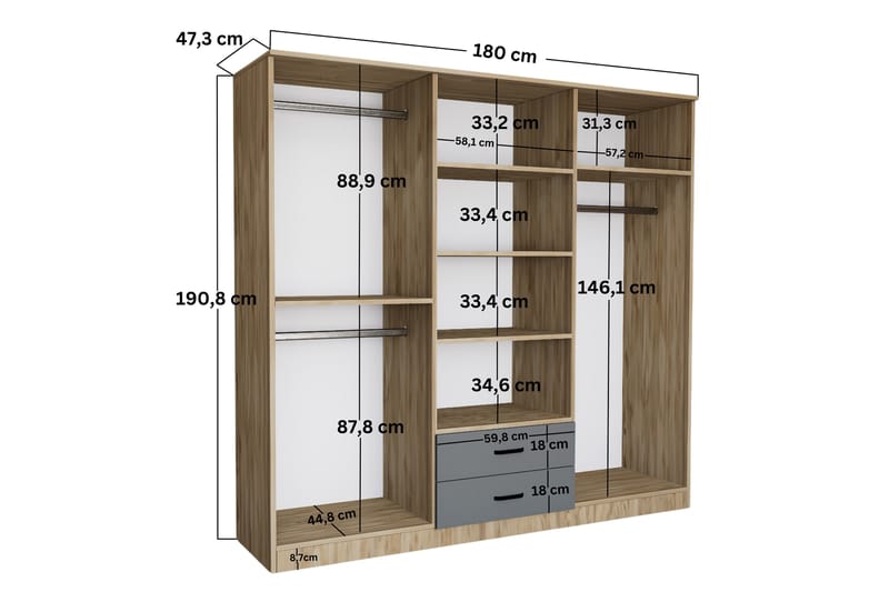 Garderob Yaman 180x190 cm - Grå/Vit - Förvaring - Garderober & garderobssystem