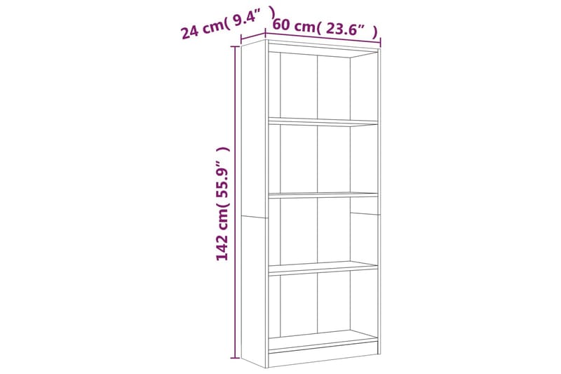 beBasic Bokhylla 4 hyllor grå sonoma-ek 60x24x142 cm konstruerat trä - Grey - Förvaring - Hylla - Bokhylla