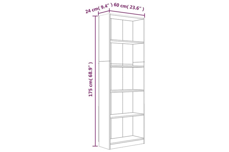 beBasic Bokhylla 5 hyllor brun ek 60x24x175 cm konstruerat trä - Brown - Förvaring - Hylla - Bokhylla