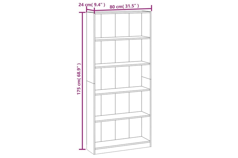 beBasic Bokhylla 5 hyllor Brun ek 80x24x175 cm konstruerat trä - Brown - Förvaring - Hylla - Bokhylla