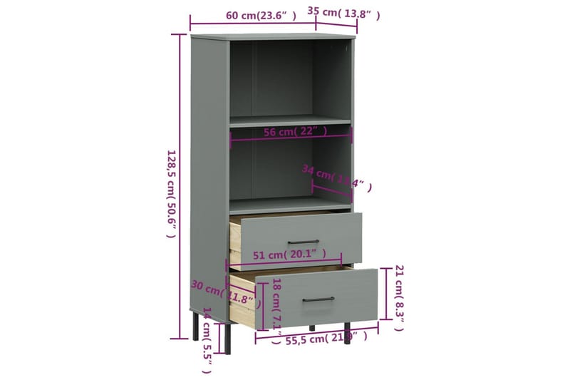 beBasic Bokhylla med 2 lådor OSLO grå 60x35x128,5 cm massivt trä - Grey - Förvaring - Hylla - Bokhylla