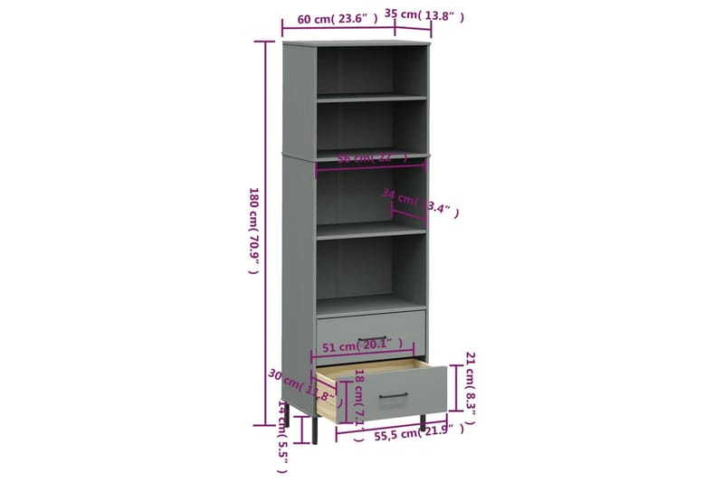 beBasic Bokhylla med 2 lådor OSLO grå 60x35x180 cm massivt trä - Grey - Förvaring - Hylla - Bokhylla