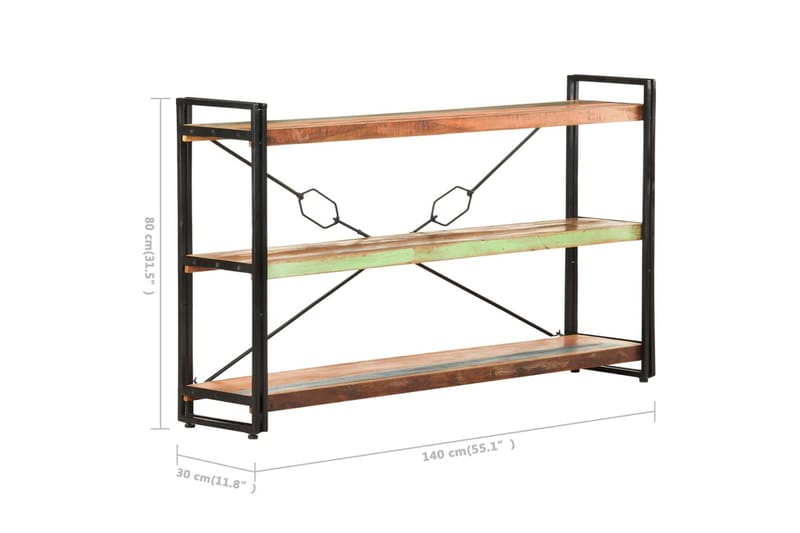 Bokhylla med 3 hyllor 140x30x80 cm massivt återvunnet trä - Flerfärgad - Förvaring - Hylla - Bokhylla