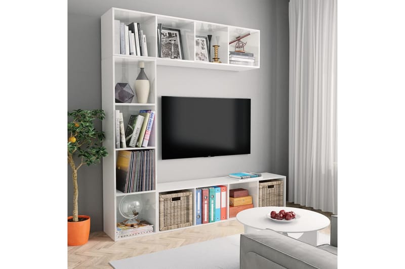 Bokhylla/TV-bänk 3 delar set vit högglans 180x30x180 cm - Vit högglans - Förvaring - Hylla - Bokhylla