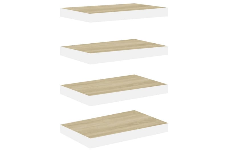 Svävande vägghyllor 4 st ek och vit 40x23x3,8 cm MDF - Vit/Trä - Förvaring - Hylla - Vägghylla