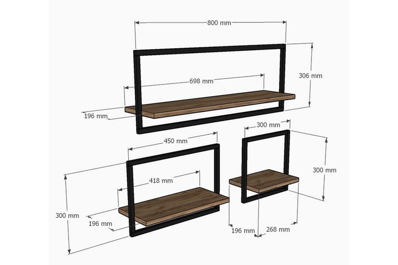 Vägghylla Yeso 80x20 cm 3 Hyllor - Brun - Förvaring - Hylla - Vägghylla