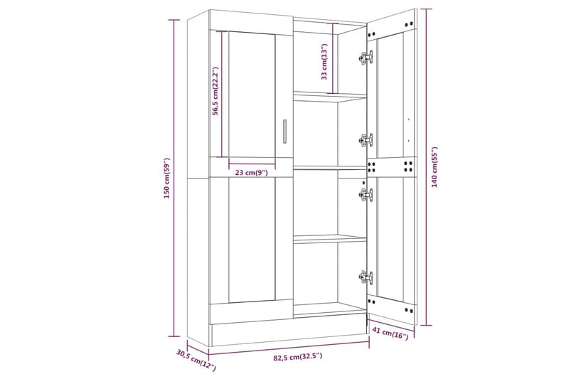 beBasic Vitrinskåp brun ek 82,5x30,5x150 cm konstruerat trä - Brown - Förvaring - Skåp - Vitrinskåp