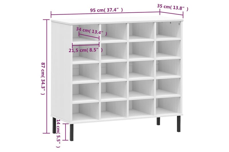 beBasic Skohylla med metallben OSLO vit 95x35x87 cm massivt trä - White - Förvaring - Skoförvaring - Skohylla & skoställ