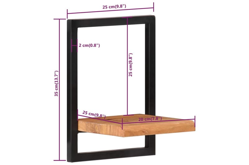 Vägghyllor 2 st 25x25x35 cm massivt akaciaträ och stål - Brun - Förvaring - Hylla - Vägghylla