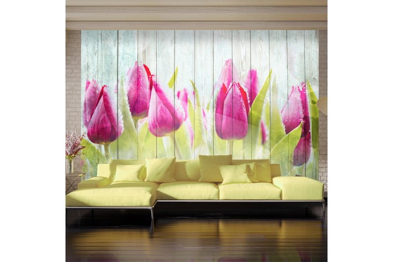 Fototapet Tulips On White Wood 250x175 - Artgeist sp. z o. o. - Inredning - Tapet - Fototapet