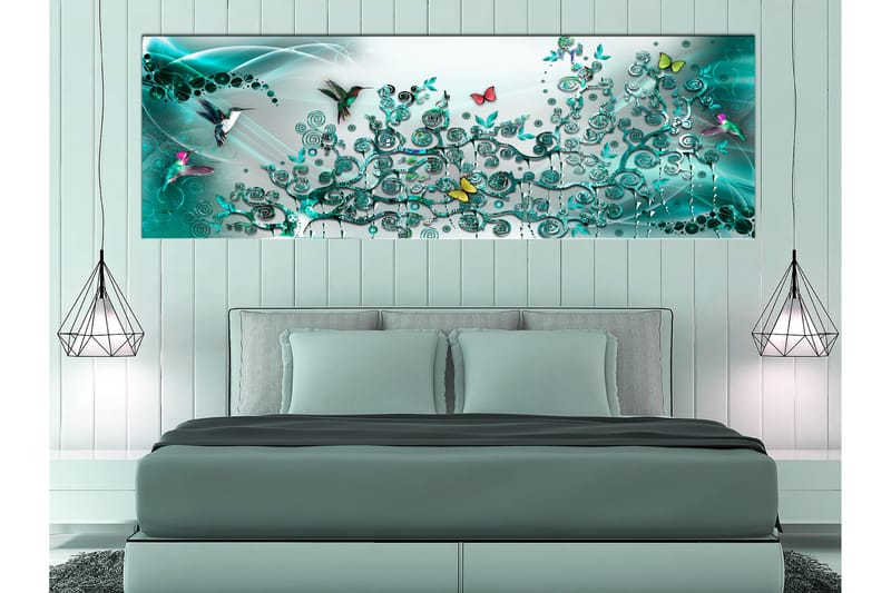 Tavla Hummingbirds Dance (1 Part) Turquoise Narrow 135x45 - Artgeist sp. z o. o. - Inredning - Tavlor & posters - Canvastavla