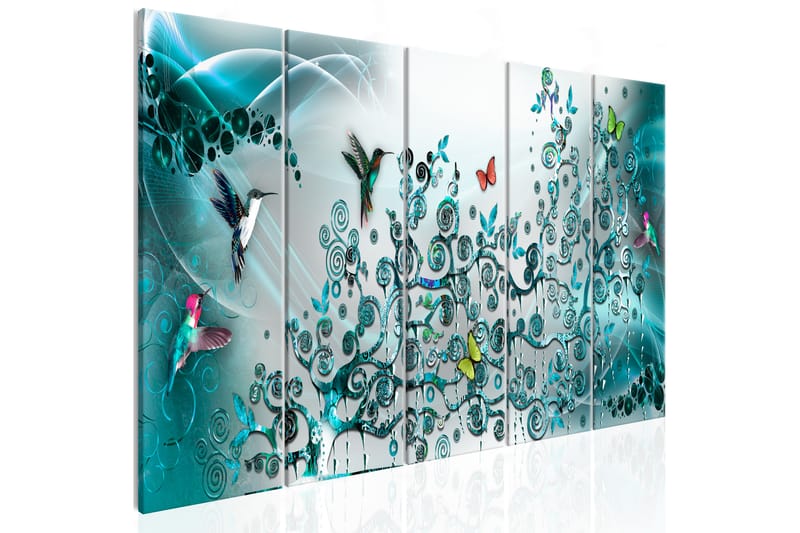 Tavla Hummingbirds Dance 5 Parts Turquoise Narrow 225x90 - Artgeist sp. z o. o. - Inredning - Tavlor & posters - Canvastavla