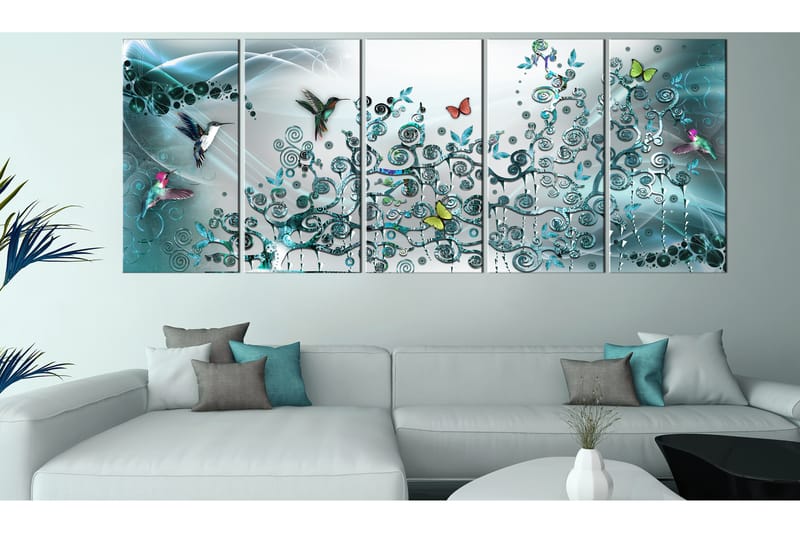 Tavla Hummingbirds Dance 5 Parts Turquoise Narrow 225x90 - Artgeist sp. z o. o. - Inredning - Tavlor & posters - Canvastavla