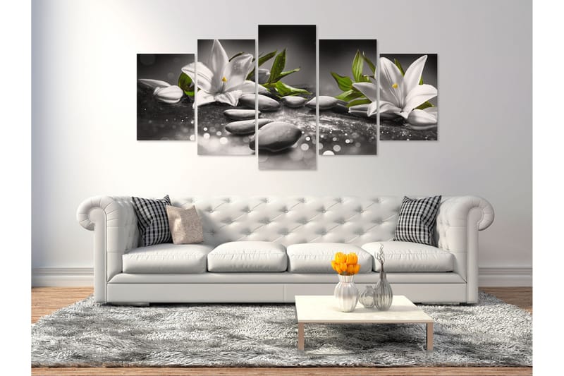 Tavla Lilies And Stones 5 Parts Wide Grey 200x100 - Artgeist sp. z o. o. - Inredning - Tavlor & posters - Canvastavla