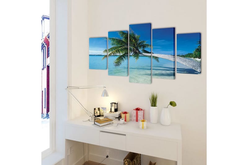 Uppsättning väggbonader på duk: strand med palm 200x100 cm - Flerfärgad - Inredning - Tavlor & posters - Canvastavla