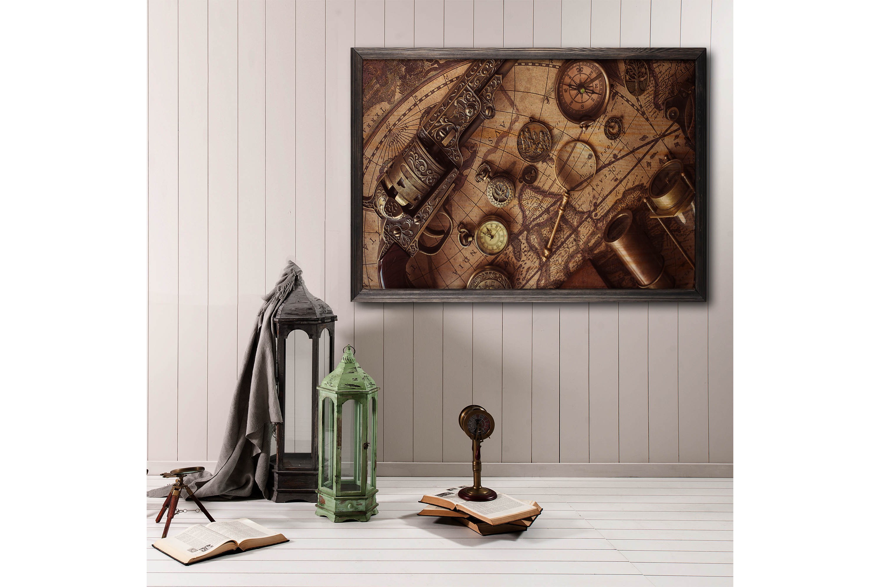 Historical Map, Compass & Watch Foto Beige/Brun - 70x50 cm Posters prints Brun,Beige