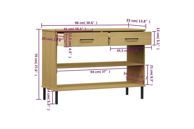 beBasic Konsolbord med metallben OSLO brun massiv furu - Brown - Möbler - Bord & matgrupp - Avlastningsbord & sidobord - Konsolbord & hallbord