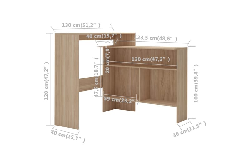 Barbord med 2 bordsskivor ek 130x40x120 cm - Brun - Möbler - Bord & matgrupp - Barbord & ståbord