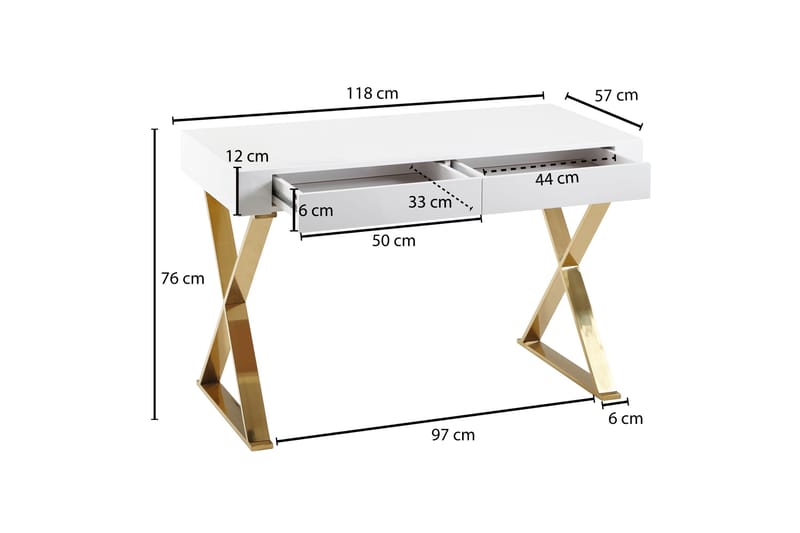 Skrivbord Clanton 118 cm med Förvaring 2 Lådor - Vit/Guld - Möbler - Bord & matgrupp - Kontorsbord - Skrivbord