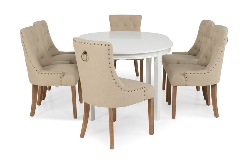 Matgrupp Lowisa Vit med 6st Ophelia stolar Tyg - Beige|Vit - Möbler - Bord & matgrupp - Matgrupp