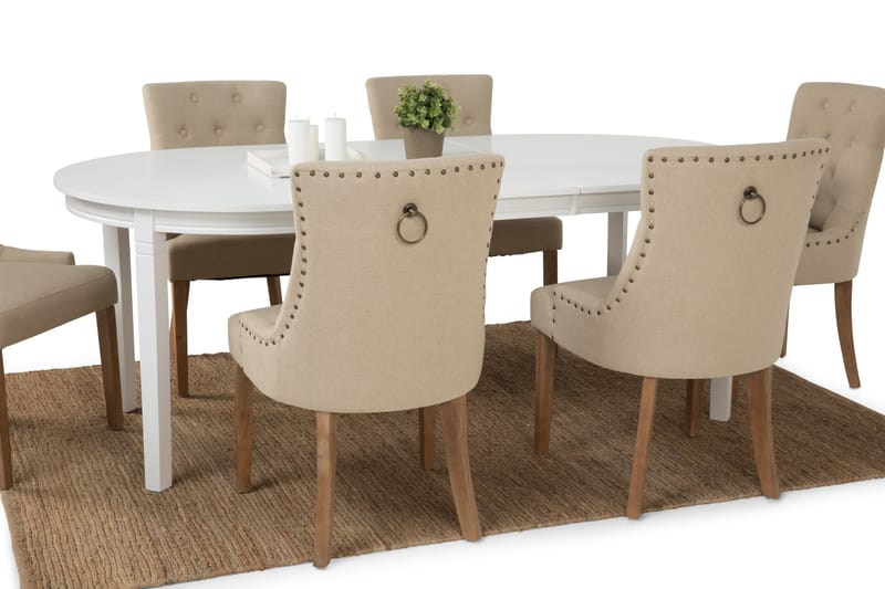 Matgrupp Lowisa Vit med 6st Ophelia stolar Tyg - Beige|Vit - Möbler - Bord & matgrupp - Matgrupp