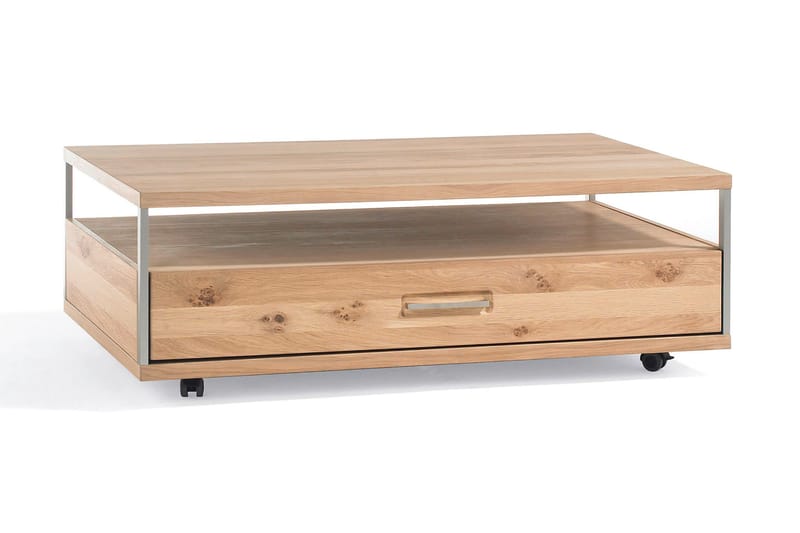 Soffbord Espero 115 cm med Förvaring Hylla + Låda på Hjul - Ek/Brun - Soffbord med hjul - Soffbord