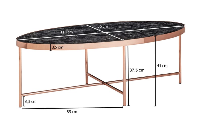 Soffbord Johaniel 110 cm Ovalt Marmormönster - Glas/Svart/Mässing - Soffbord med hjul - Höj och sänkbart soffbord - Soffbord med förvaring - Klaffbord & hopfällbart bord - Marmorbord - Soffbord