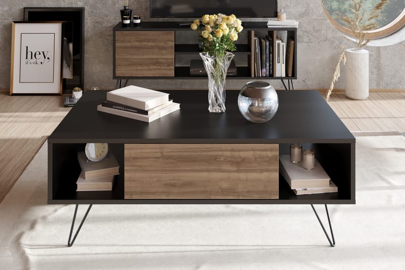 Soffbord Misticon 120 cm med Förvaring Hylla+Lucka - Svart/Valnötsbrun - Soffbord med förvaring - Soffbord med hjul - Höj och sänkbart soffbord - Klaffbord & hopfällbart bord - Marmorbord - Soffbord