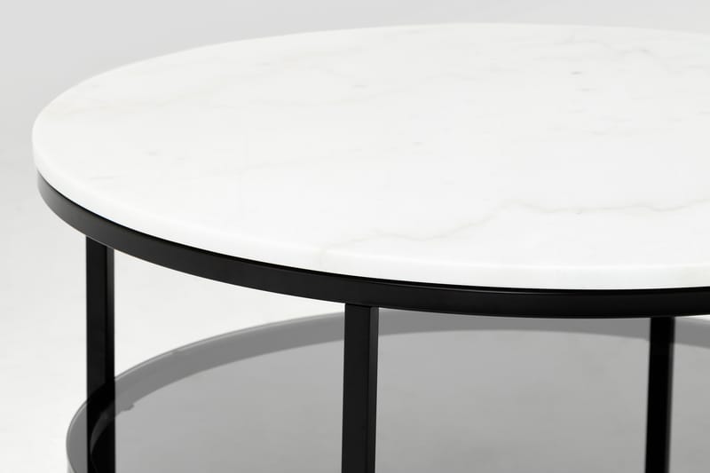 Soffbord Riseine 80 cm Runt Marmor - Vit/Svart - Höj och sänkbart soffbord - Soffbord med förvaring - Klaffbord & hopfällbart bord - Marmorbord - Soffbord - Soffbord med hjul