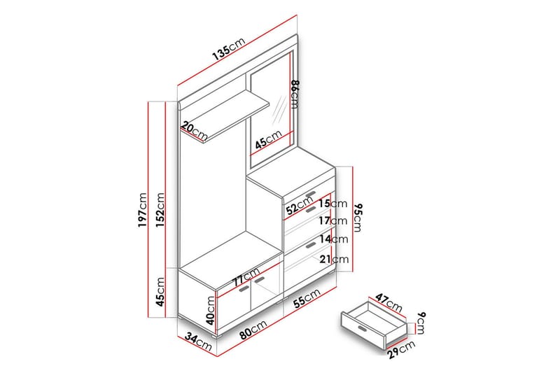 Hallmöbelset Stella 135x34x197 cm - Ek/Vit - Möbler - Hallmöbler - Möbelset för hall & entre