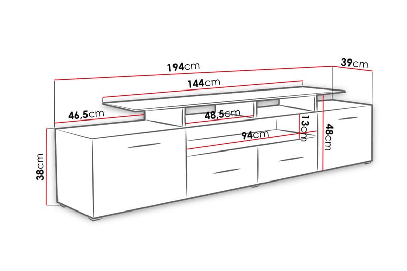 TV-bänk Evora 39x194 cm LED-belysning - Svart Högglans - Möbler - TV- & Mediamöbler - TV bänk & mediabänk