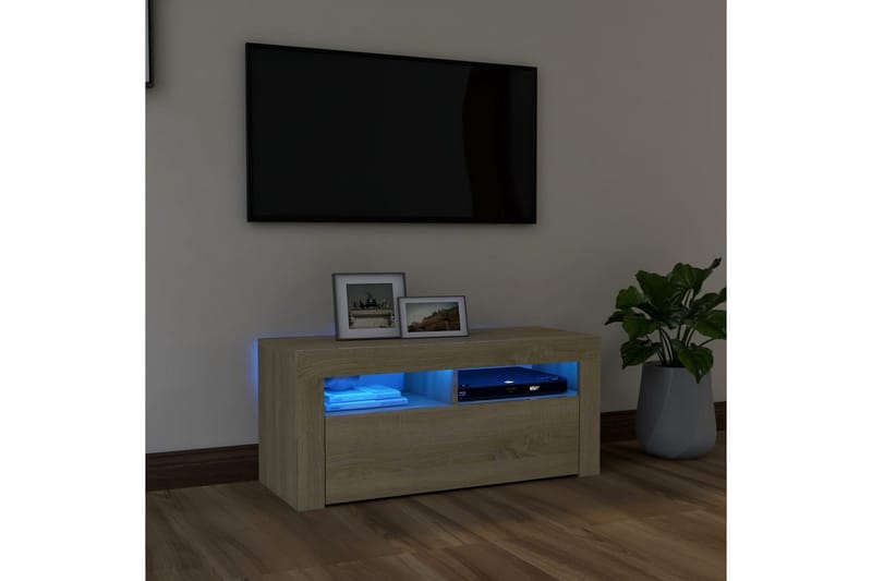 TV-bänk med LED-belysning sonoma-ek 90x35x40 cm - Brun - Möbler - TV- & Mediamöbler - TV bänk & mediabänk