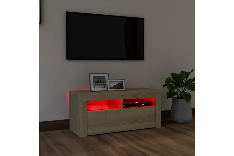 TV-bänk med LED-belysning sonoma-ek 90x35x40 cm - Brun - Möbler - TV- & Mediamöbler - TV bänk & mediabänk