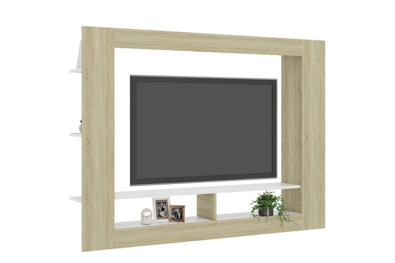 TV-bänk vit och sonoma-ek 152x22x113 cm spånskiva - Brun - Möbler - TV- & Mediamöbler - TV bänk & mediabänk