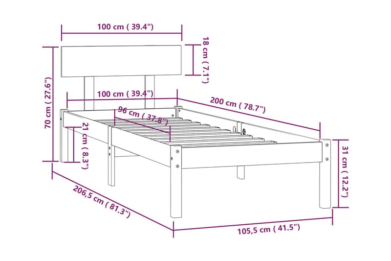 Sängram grå massiv furu 100x200 cm - Grå - Möbler - Säng - Sängram & sängstomme