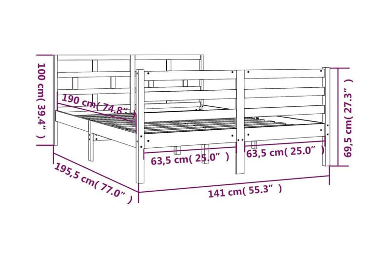 Sängram grå massivt trä 135x190 cm dubbel - Grå - Möbler - Säng - Sängram & sängstomme