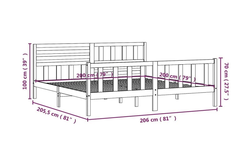 Sängram grå massivt trä 200x200 cm - Grå - Möbler - Säng - Sängram & sängstomme