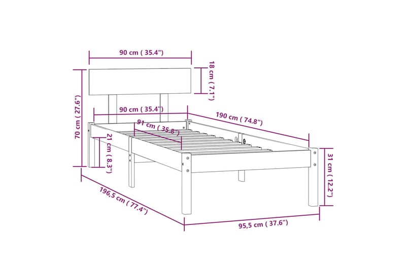 Sängram honungsbrun massiv furu 90x190 cm - Honung - Möbler - Säng - Sängram & sängstomme