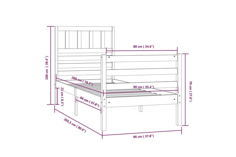 Sängram honungsbrun massivt trä 90x200 cm enkelsäng - Honung - Möbler - Säng - Sängram & sängstomme