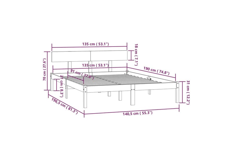 Sängram massiv furu 135x190 cm UK dubbel - Vit - Möbler - Säng - Sängram & sängstomme